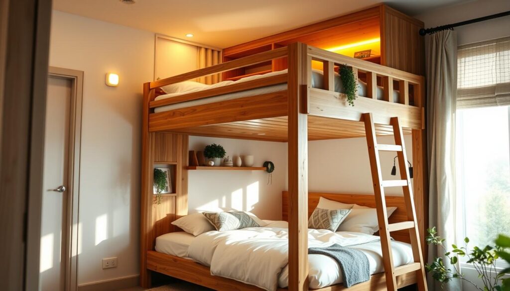 Cozy and inviting bunk bed arrangement for sisters, featuring a modern wooden frame with built-in storage and shelves. The upper bunk has warm lighting creating a comfortable atmosphere, while the lower bunk has soft bedding and pillows. The room has a neutral color palette with accents of greenery, creating a serene and harmonious environment. Sunlight streams in through large windows, illuminating the space and casting a gentle glow. The angle captures the bunk beds from a slightly elevated perspective, showcasing the clever use of vertical space and the cohesive design elements. Cozy and inviting bunk bed arrangement for sisters, featuring a modern wooden frame with built-in storage and shelves. The upper bunk has warm lighting creating a comfortable atmosphere, while the lower bunk has soft bedding and pillows. The room has a neutral color palette with accents of greenery, creating a serene and harmonious environment. Sunlight streams in through large windows, illuminating the space and casting a gentle glow. The angle captures the bunk beds from a slightly elevated perspective, showcasing the clever use of vertical space and the cohesive design elements.
