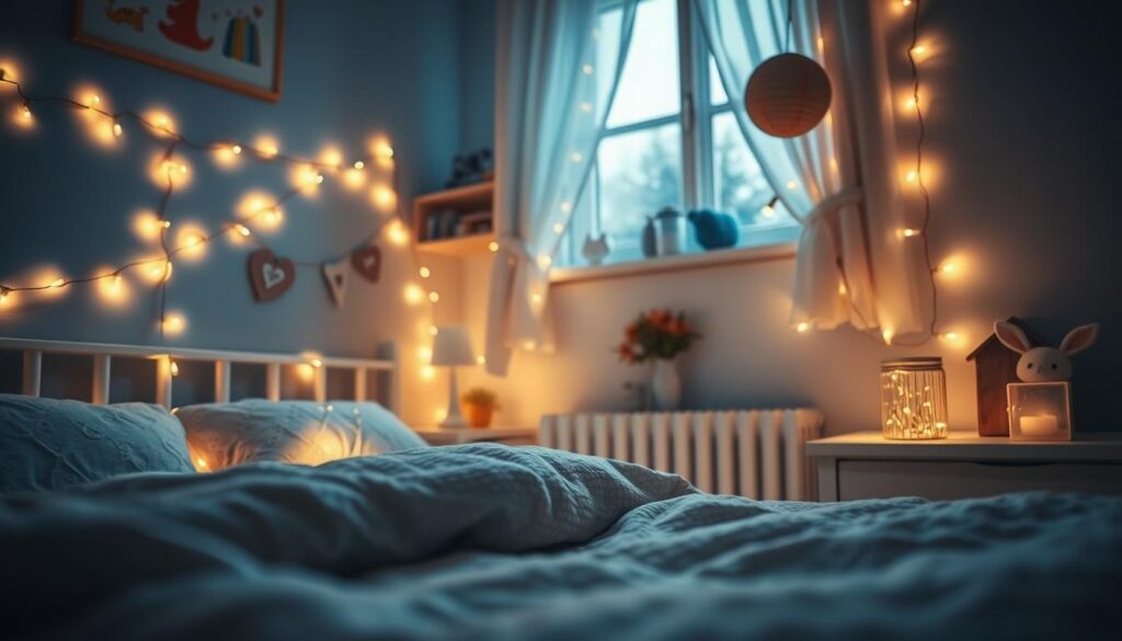 Cozy fairy lights softly illuminating a children's bedroom, casting a warm, magical glow. A charming scene with string lights draped elegantly along the headboard, dresser, and windowsill, creating a whimsical ambiance. Delicate glass jars or paper lanterns scattered throughout, adding subtle pops of light. The bedroom is filled with plush textures, pastel colors, and playful decor, exuding a tranquil, dreamy atmosphere. Subtle shadows dance across the walls, complementing the gentle lighting. The camera captures this serene, enchanting moment in a low-angle, close-up composition that highlights the captivating details. Cozy fairy lights softly illuminating a children's bedroom, casting a warm, magical glow. A charming scene with string lights draped elegantly along the headboard, dresser, and windowsill, creating a whimsical ambiance. Delicate glass jars or paper lanterns scattered throughout, adding subtle pops of light. The bedroom is filled with plush textures, pastel colors, and playful decor, exuding a tranquil, dreamy atmosphere. Subtle shadows dance across the walls, complementing the gentle lighting. The camera captures this serene, enchanting moment in a low-angle, close-up composition that highlights the captivating details.