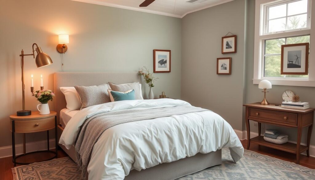 Cozy guest bedroom with a soothing color palette. Soft, muted tones of sage green, dusty blue, and creamy white create a calming atmosphere. Plush bedding, including a fluffy comforter and accent pillows, invites relaxation. Warm lighting from a brass floor lamp and sconces casts a gentle glow, while a large window allows natural light to filter in. Subtle patterns, like a herringbone throw and a patterned area rug, add visual interest without overwhelming the space. Decorative elements, such as a vase of fresh flowers and a few framed art prints, complete the welcoming, serene ambiance. Cozy guest bedroom with a soothing color palette. Soft, muted tones of sage green, dusty blue, and creamy white create a calming atmosphere. Plush bedding, including a fluffy comforter and accent pillows, invites relaxation. Warm lighting from a brass floor lamp and sconces casts a gentle glow, while a large window allows natural light to filter in. Subtle patterns, like a herringbone throw and a patterned area rug, add visual interest without overwhelming the space. Decorative elements, such as a vase of fresh flowers and a few framed art prints, complete the welcoming, serene ambiance.