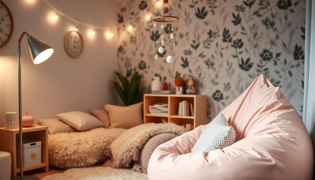 Cozy reading nook for young girl's room, with plush cushions, fuzzy blankets, and a small bookshelf. Soft, warm lighting from a floor lamp and string lights creates a gentle, inviting atmosphere. A large, comfortable beanbag chair in a pastel color sits in the foreground, complemented by colorful throw pillows. In the middle ground, a delicate, whimsical mobile hangs from the ceiling, casting gentle shadows. The background features a wallpapered accent wall with a nature-inspired pattern, adding depth and texture to the scene. The overall vibe is one of relaxation, comfort, and imagination, perfect for a young girl to curl up and get lost in a good book.
