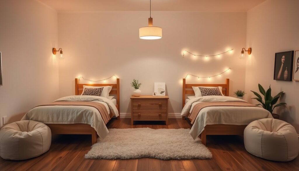 Cozy shared bedroom with soft, diffused lighting. Two twin beds with plush bedding, nightstands on either side, and a small dresser in the middle. Warm-toned wall sconces provide ambient illumination, while a central pendant light casts a gentle glow. Playful string lights along the headboards add a whimsical touch. Wooden floors, fluffy area rug, and a pair of bean bag chairs create a relaxing, inviting atmosphere. Minimalist decor with pops of color from artworks and plants. Overall, a harmonious, well-lit space designed for shared sibling living. Cozy shared bedroom with soft, diffused lighting. Two twin beds with plush bedding, nightstands on either side, and a small dresser in the middle. Warm-toned wall sconces provide ambient illumination, while a central pendant light casts a gentle glow. Playful string lights along the headboards add a whimsical touch. Wooden floors, fluffy area rug, and a pair of bean bag chairs create a relaxing, inviting atmosphere. Minimalist decor with pops of color from artworks and plants. Overall, a harmonious, well-lit space designed for shared sibling living.