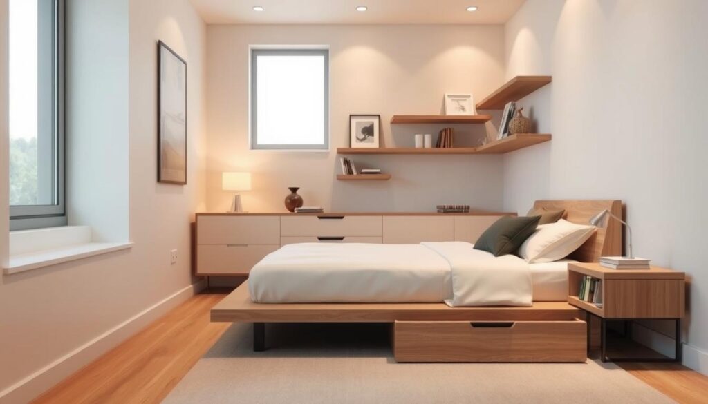 Cozy small bedroom with minimalist, multifunctional furniture. In the foreground, a sleek platform bed with integrated storage drawers and a floating nightstand with a stylish table lamp. In the middle ground, a compact dresser with clean lines and a slim profile. The background features a floating shelf displaying decorative accents, creating a sense of depth and organization. Soft, diffused lighting from a window casts a warm, inviting glow throughout the space. The overall atmosphere is one of efficient, elegant design that maximizes the limited square footage. Cozy small bedroom with minimalist, multifunctional furniture. In the foreground, a sleek platform bed with integrated storage drawers and a floating nightstand with a stylish table lamp. In the middle ground, a compact dresser with clean lines and a slim profile. The background features a floating shelf displaying decorative accents, creating a sense of depth and organization. Soft, diffused lighting from a window casts a warm, inviting glow throughout the space. The overall atmosphere is one of efficient, elegant design that maximizes the limited square footage.