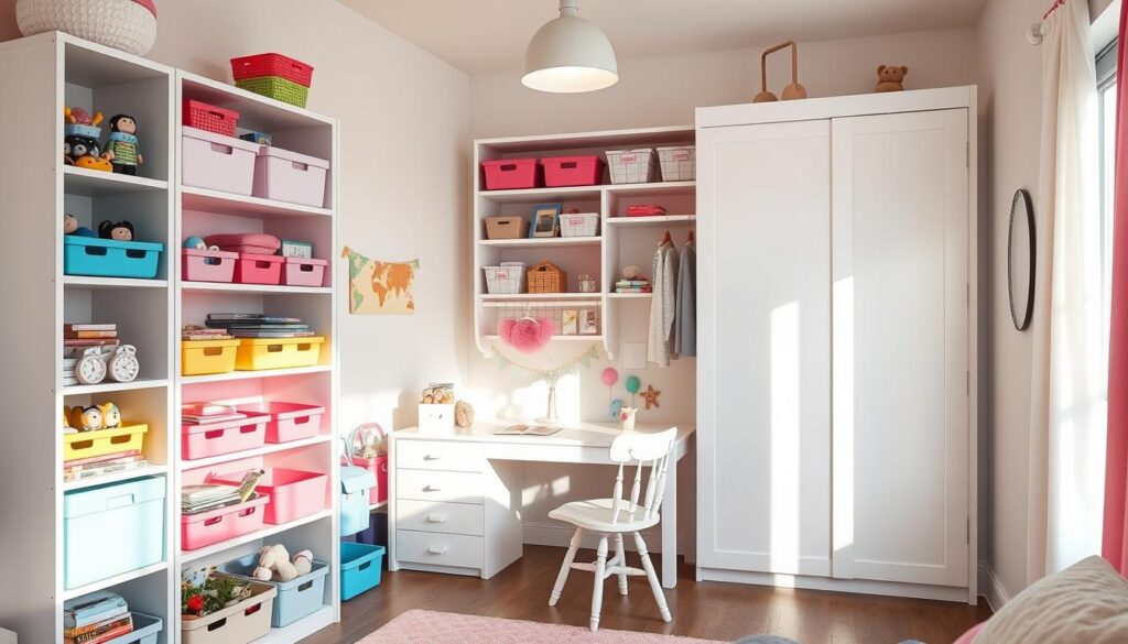 Creative storage solutions for a small girls bedroom, shot from an angle with natural lighting. In the foreground, a multi-level bookshelf with a variety of colorful bins, baskets, and cubbies to organize toys, books, and accessories. In the middle ground, a wall-mounted desk with built-in shelves and drawers, providing additional storage and a study space. Behind, a closet system with sliding doors, featuring customizable organizers and hanging rods to maximize vertical space. The overall aesthetic is bright, airy, and playful, with pops of pastel colors and whimsical decor elements that complement a young girl's bedroom.