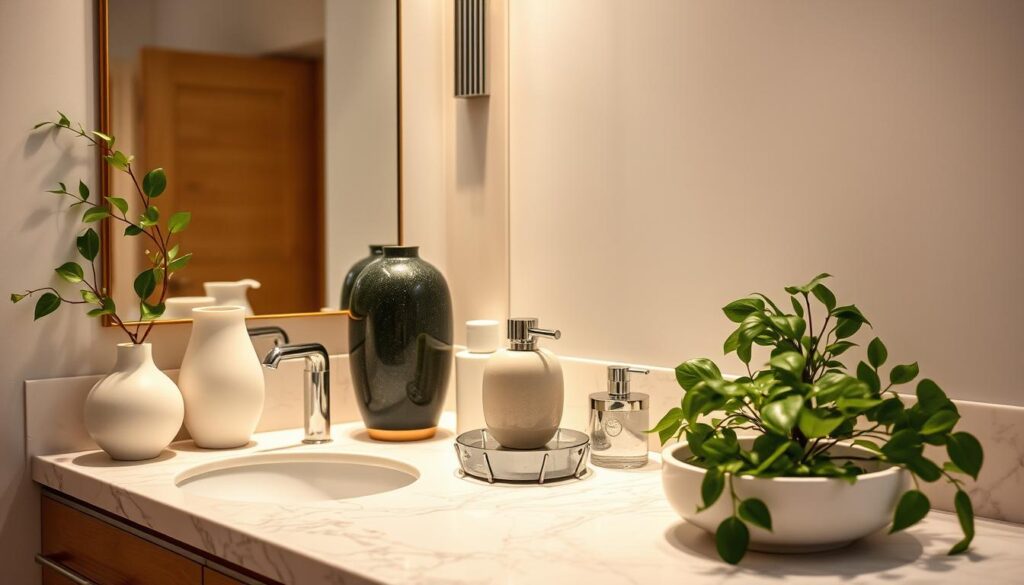 Elegant bathroom counter display with an artistic flair. Sleek marble countertop adorned with a curated arrangement of sculptural ceramic vases, polished chrome accessories, and lush potted greenery. Soft, warm lighting casts a gentle glow, highlighting the natural textures and creating a serene, sophisticated ambiance. The composition is balanced and visually striking, inviting the viewer to appreciate the beauty of everyday objects. Shot from a slightly elevated angle to showcase the full display, with a shallow depth of field to emphasize the focal point. The overall mood is one of refined elegance and thoughtful design.