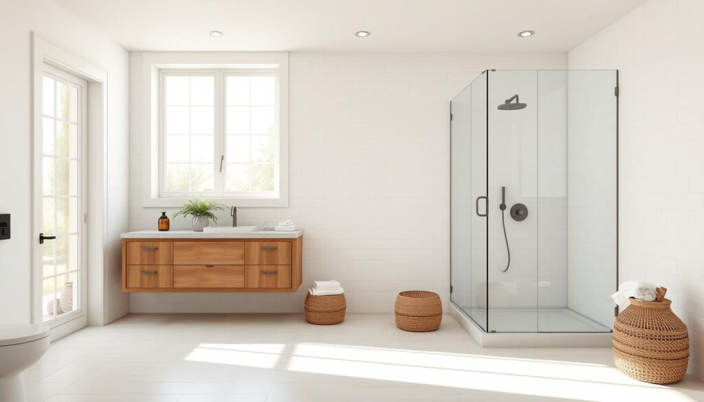 Elegant modern farmhouse bathroom with a neutral color palette. Soft white tiles cover the walls, complemented by warm wood accents on the vanity and floor. Muted gray tones in the stone countertop and minimalist fixtures create a serene, calming atmosphere. Diffused natural light streams through large windows, illuminating the space with a soft, ambient glow. The layout features a spacious walk-in shower with a frameless glass enclosure. Subtle textural elements, such as the woven baskets and plush towels, add depth and visual interest to the understated design.