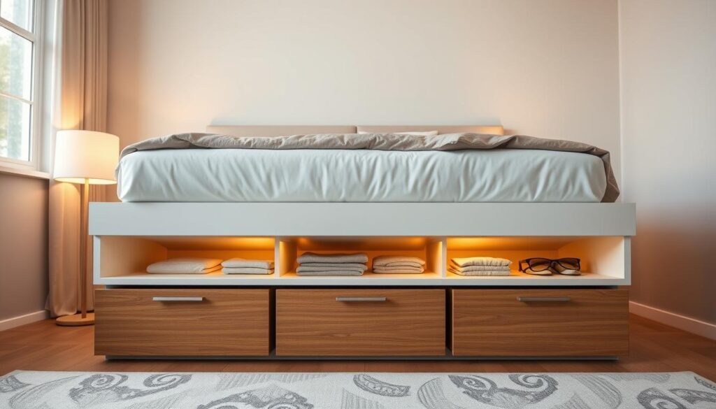 Elegant under-bed storage solutions, meticulously arranged in a well-lit bedroom. A crisp, white bedframe levitates above a series of neatly organized, wooden drawers and sliding containers, showcasing efficient storage for linens, clothes, and personal items. Warm, diffused lighting from a nearby floor lamp casts a cozy glow, while a large window in the background allows natural light to filter in, creating a serene and minimalist atmosphere. The camera captures the scene from a low angle, emphasizing the clean lines and functional design of the under-bed storage system.