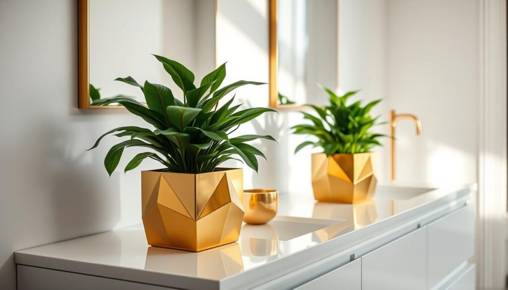 High-end gold planters holding lush potted plants, placed on a sleek white bathroom vanity or counter. The planters have a modern, geometric design with clean lines, reflecting a sophisticated, minimalist aesthetic. Soft, natural lighting illuminates the scene, creating a warm and inviting atmosphere. The plants add a fresh, organic touch to the otherwise monochromatic bathroom space, complementing the luxurious gold accents. The image captures the perfect balance of luxury and nature, showcasing a stylish and harmonious bathroom decor.