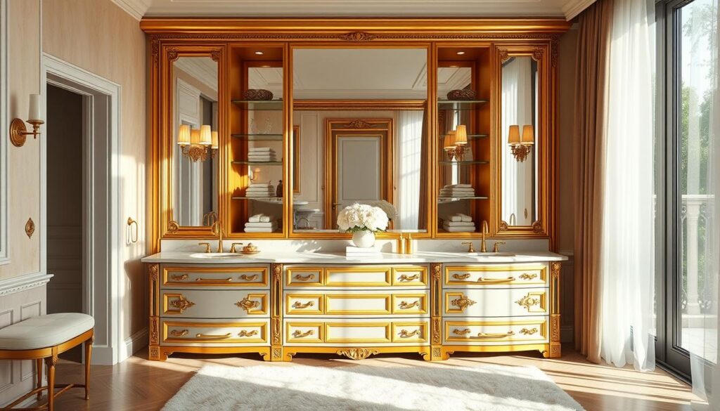 Luxury bathroom storage in a warm, elegant setting. A sleek, gold-framed vanity with ample drawers and shelves, reflecting the warm glow of sconces on either side. Ornate, white-marble countertops house a pair of gold-rimmed sinks. In the background, a floor-to-ceiling mirror enhances the sense of space, while a plush, white rug adds softness underfoot. Dappled sunlight filters through sheer curtains, creating a serene and luxurious atmosphere.