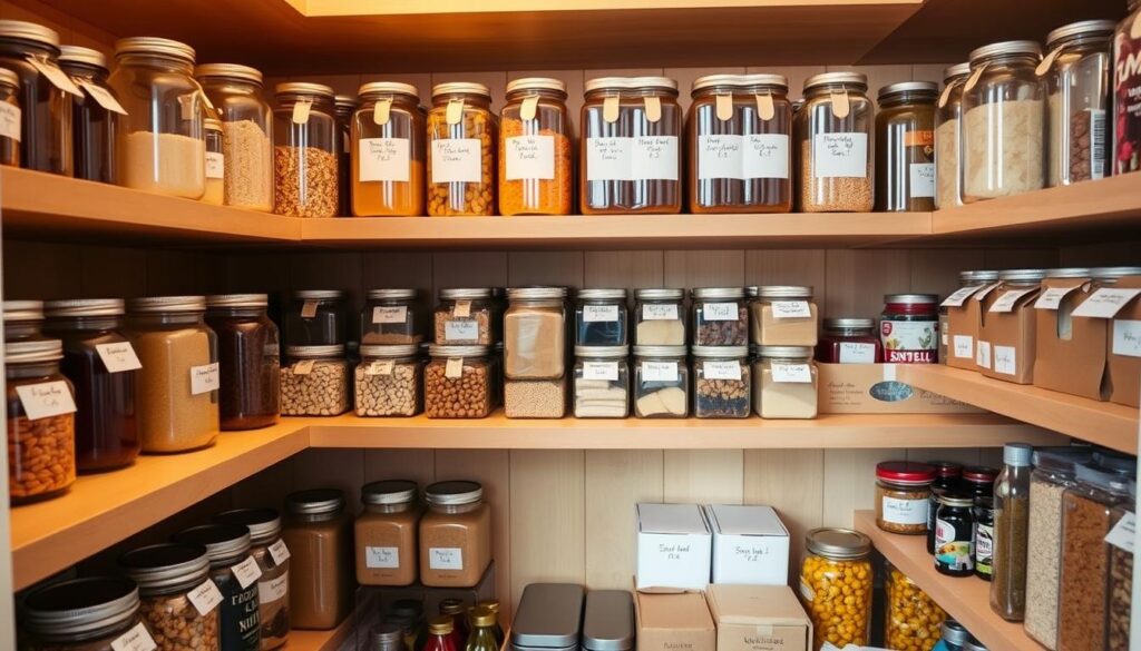 Meticulously organized pantry shelves, each neatly labeled with carefully crafted tags. The warm, natural lighting casts a cozy glow, highlighting the clean lines and minimal aesthetic. Rows of glass jars, cans, and boxes stand in perfect alignment, creating a visually pleasing and efficient storage solution. The overall scene exudes a sense of calm and control, perfectly suited for a small kitchen in need of a well-designed and functional pantry.