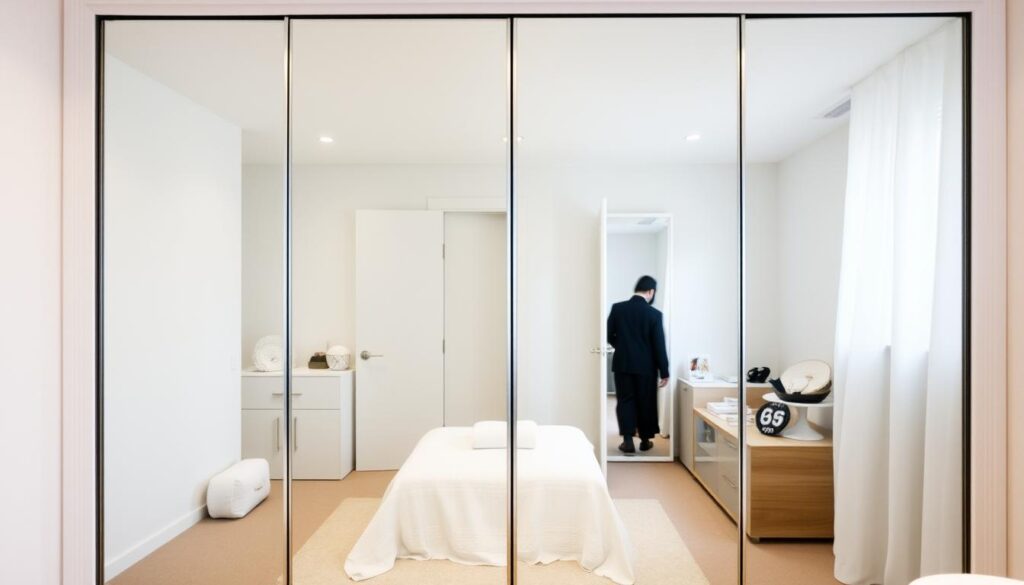 Mirrored closet doors with a sleek, modern design. Bright, even lighting illuminates the reflective surfaces, creating a sense of depth and visual interest. The closet is situated in a cozy, well-organized bedroom, with a neutral color palette and minimal decor. The mirrored doors take up a significant portion of the wall, visually expanding the space and adding a touch of elegance. The overall composition emphasizes the functionality and aesthetic value of incorporating mirrored surfaces into a small bedroom layout.