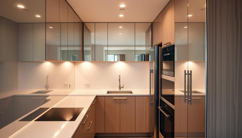 Mirrors in a small kitchen design, meticulously crafted with precision. A warm, inviting space bathed in soft, diffused light from strategically placed fixtures. Mirrored surfaces on the backsplash and cabinets reflect the room, creating an illusion of depth and amplifying the sense of spaciousness. Sleek, minimalist frames accentuate the mirrors, blending seamlessly with the modern aesthetic. Subtle textures and materials, such as matte finishes and natural wood, complement the reflective elements. The overall composition evokes a harmonious, visually captivating small kitchen, where mirrors play a key role in enhancing the sense of openness and depth.