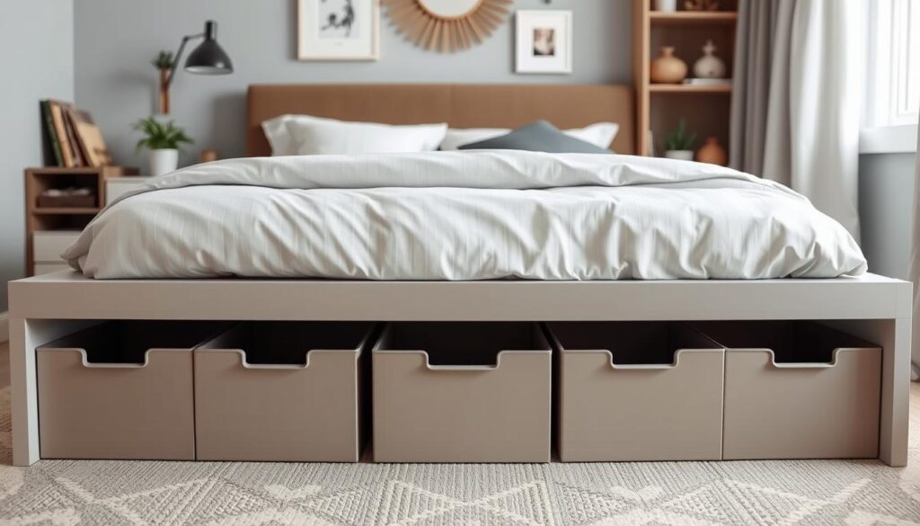 Neatly organized under-bed storage bins, their sleek and minimalist design perfectly complementing the cozy and inviting bedroom. The bins are positioned in the foreground, their clean lines and neutral tones creating a harmonious visual flow. The middle ground features a stylish yet functional bed frame, with the headboard adding a touch of sophistication. In the background, a calming and serene atmosphere is achieved through soft lighting, muted colors, and carefully curated decor elements. The overall scene conveys a sense of order, efficiency, and a cohesive design aesthetic that maximizes the available space in a small kids' bedroom. Neatly organized under-bed storage bins, their sleek and minimalist design perfectly complementing the cozy and inviting bedroom. The bins are positioned in the foreground, their clean lines and neutral tones creating a harmonious visual flow. The middle ground features a stylish yet functional bed frame, with the headboard adding a touch of sophistication. In the background, a calming and serene atmosphere is achieved through soft lighting, muted colors, and carefully curated decor elements. The overall scene conveys a sense of order, efficiency, and a cohesive design aesthetic that maximizes the available space in a small kids' bedroom.