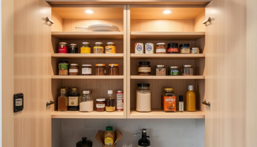 Pantry shelving for compact spaces, with a sleek, modern design that maximizes storage while fitting seamlessly into a small kitchen. Compact, minimalist shelves line the inside of the cabinet door, displaying neatly organized spices, jars, and other essential pantry items. Soft, indirect lighting from above casts a warm glow, creating a cozy and organized atmosphere. The shelves are constructed from light-colored wood, complementing the neutral tones of the kitchen. The overall layout is clean and uncluttered, showcasing how effective storage solutions can transform a small space.