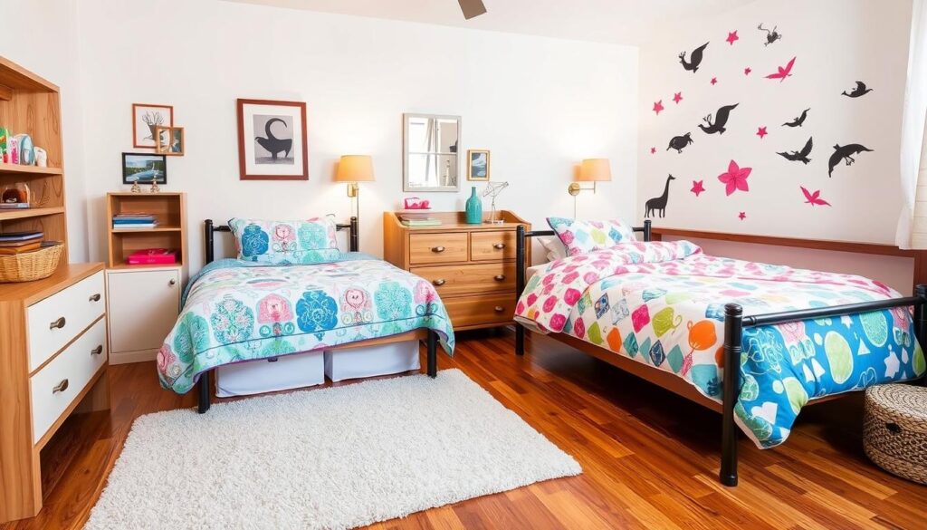 Shared bedroom design with playful themes, showcasing a harmonious coexistence of two young sisters. A cozy, well-lit room with wooden floors and a soft rug underfoot. In the foreground, two twin beds adorned with vibrant, patterned bedding, each reflecting the unique personalities of the occupants. On the walls, framed artwork and whimsical wall decals that complement the room's theme. Tasteful storage solutions, such as a shared dresser and shelves, maximize the limited space. The overall atmosphere is one of creativity, warmth, and sisterly companionship. Shared bedroom design with playful themes, showcasing a harmonious coexistence of two young sisters. A cozy, well-lit room with wooden floors and a soft rug underfoot. In the foreground, two twin beds adorned with vibrant, patterned bedding, each reflecting the unique personalities of the occupants. On the walls, framed artwork and whimsical wall decals that complement the room's theme. Tasteful storage solutions, such as a shared dresser and shelves, maximize the limited space. The overall atmosphere is one of creativity, warmth, and sisterly companionship.