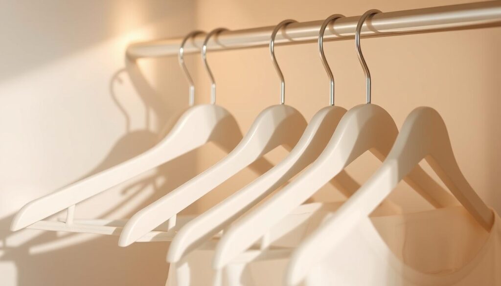 Sleek, minimalist hangers arranged meticulously in a well-organized closet. The hangers are a soft, neutral tone that complements the clean, monochromatic space. Gentle shadows cast by the hangers create a sense of depth and dimension. The closet is illuminated by warm, diffused lighting, creating a calming, tranquil atmosphere. The hangers are strategically positioned to showcase their slim, space-saving design, emphasizing their utility for compact storage. The overall composition exudes a sense of order and efficiency, reflecting the practical benefits of these specialized hangers for optimizing a small bedroom closet.