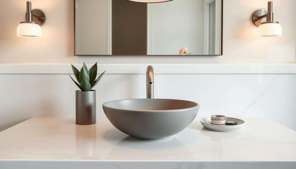 Stylish bathroom counter decor with a modern, minimalist aesthetic. A sleek marble or quartz countertop with a vessel sink and a modern, brushed nickel faucet. Atop the counter, arrange a few carefully selected decorative elements such as a potted succulent, a modern vase with fresh flowers, and a decorative tray or dish for storing small items. Soft, even lighting from wall sconces or a pendant light fixture above casts a warm glow, highlighting the natural textures and materials. The overall impression is one of clean, sophisticated style that elevates the functionality of the bathroom counter.