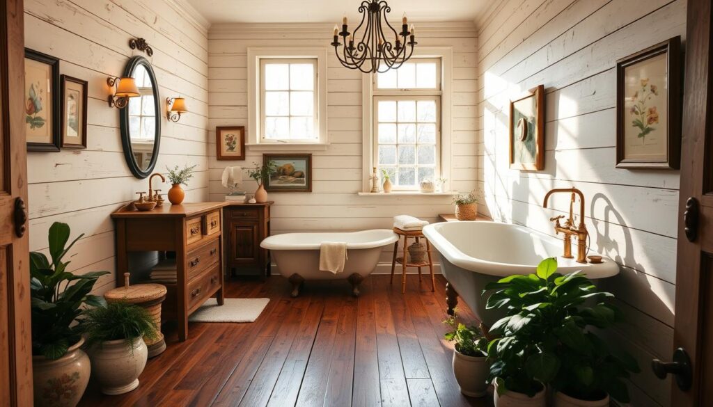 Vintage farmhouse bathroom, sun-drenched and cozy. Rustic claw-foot tub, weathered wood vanity, and antique brass fixtures. Shiplap walls, with vintage mirrors and framed botanical prints. Soft, warm lighting from a wrought-iron chandelier, casting a golden glow. Hardwood floors, worn and polished, underfoot. Lush, leafy plants in ceramic pots add a touch of nature. The scene exudes a sense of timeless charm and relaxation, transporting the viewer to a bygone era of simple pleasures.