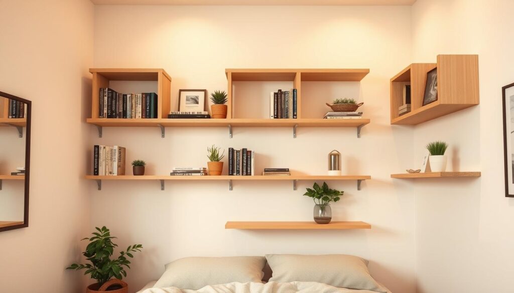 Wall-mounted shelves in a small, cozy bedroom. The shelves are made of light-colored wood, with clean lines and simple design. They are arranged in a symmetrical grid pattern, providing ample storage space for books, plants, and decorative items. The bedroom is bathed in warm, diffused lighting, creating a serene and inviting atmosphere. The shelves are positioned at eye level, making them easily accessible and visually prominent. The background is a soft, neutral-toned wall, allowing the shelves to be the focal point of the scene. The overall composition conveys a sense of order, functionality, and a thoughtful use of vertical space in a compact bedroom setting. Wall-mounted shelves in a small, cozy bedroom. The shelves are made of light-colored wood, with clean lines and simple design. They are arranged in a symmetrical grid pattern, providing ample storage space for books, plants, and decorative items. The bedroom is bathed in warm, diffused lighting, creating a serene and inviting atmosphere. The shelves are positioned at eye level, making them easily accessible and visually prominent. The background is a soft, neutral-toned wall, allowing the shelves to be the focal point of the scene. The overall composition conveys a sense of order, functionality, and a thoughtful use of vertical space in a compact bedroom setting.