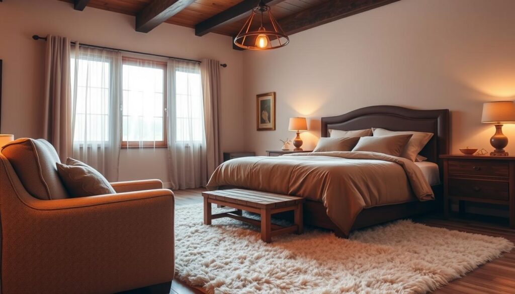 Warm and inviting cozy bedroom with a plush king-size bed, draped in soft bedding in earthy tones of beige and brown. Cozy armchair and side table in the foreground, a fluffy area rug underfoot. Wooden nightstands with table lamps casting a gentle glow. In the background, a large window with sheer curtains, allowing natural light to filter in, illuminating the space. Wooden ceiling beams and a rustic pendant light fixture overhead, creating a relaxing, intimate atmosphere. The walls are painted in a soothing neutral color palette, complementing the overall cozy aesthetic. Warm and inviting cozy bedroom with a plush king-size bed, draped in soft bedding in earthy tones of beige and brown. Cozy armchair and side table in the foreground, a fluffy area rug underfoot. Wooden nightstands with table lamps casting a gentle glow. In the background, a large window with sheer curtains, allowing natural light to filter in, illuminating the space. Wooden ceiling beams and a rustic pendant light fixture overhead, creating a relaxing, intimate atmosphere. The walls are painted in a soothing neutral color palette, complementing the overall cozy aesthetic.