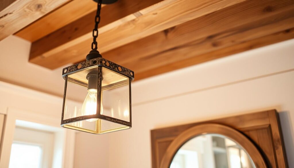 a beautifully crafted farmhouse pendant light fixture, suspended from a rustic wooden ceiling beam, casting a warm, inviting glow across a cozy bathroom. The light features a distressed metal frame with clear glass panels, allowing the flickering flame of a candle-like bulb to be visible. The fixture is positioned above a wooden vanity with a farmhouse-style mirror, creating a charming and functional lighting solution for a small bathroom space. The overall scene has a natural, earthy tone with hints of weathered wood and neutral colors, reflecting the quintessential farmhouse aesthetic.
