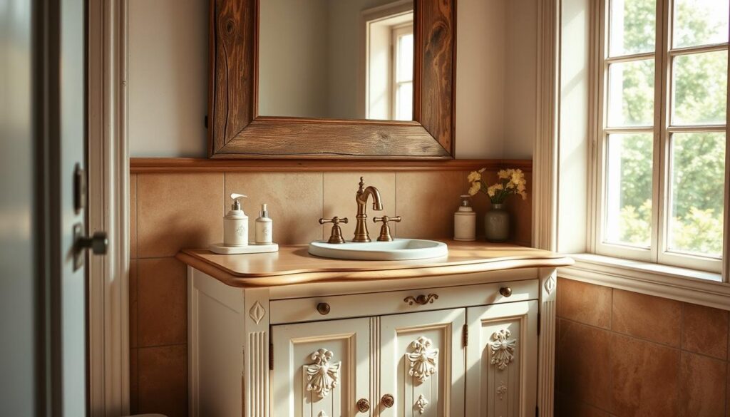 a cozy and charming french country bathroom vanity, with a white wooden cabinet featuring decorative paneling and carved details, a vintage-inspired ceramic sink basin, and elegant brass faucets. the vanity is set against a backdrop of warm-toned stone tiles, with a rustic wooden mirror frame hanging above. soft natural lighting filters in through a large window, casting a gentle glow and highlighting the vanity's intricate textures. the overall atmosphere is one of timeless elegance and understated luxury, perfectly capturing the essence of french country style.