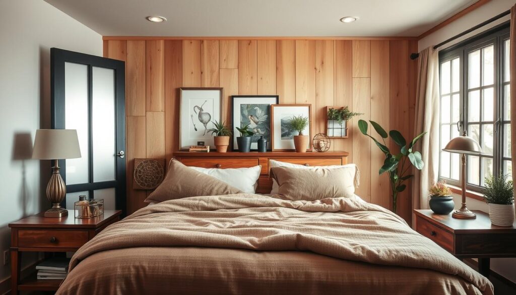 a cozy and inviting guest bedroom decor with a warm, rustic charm. in the foreground, a comfortable double bed with soft, plush bedding in muted earth tones. on the nightstands, vintage-inspired lamps and decorative pieces that add a personal touch. in the middle ground, a wooden dresser with framed artwork and potted plants, creating a sense of coziness. the background features a textured wall with natural wood paneling, complemented by a large window that lets in soft, natural lighting, illuminating the space. the overall atmosphere is one of relaxation and tranquility, perfect for a welcoming guest room. a cozy and inviting guest bedroom decor with a warm, rustic charm. in the foreground, a comfortable double bed with soft, plush bedding in muted earth tones. on the nightstands, vintage-inspired lamps and decorative pieces that add a personal touch. in the middle ground, a wooden dresser with framed artwork and potted plants, creating a sense of coziness. the background features a textured wall with natural wood paneling, complemented by a large window that lets in soft, natural lighting, illuminating the space. the overall atmosphere is one of relaxation and tranquility, perfect for a welcoming guest room.