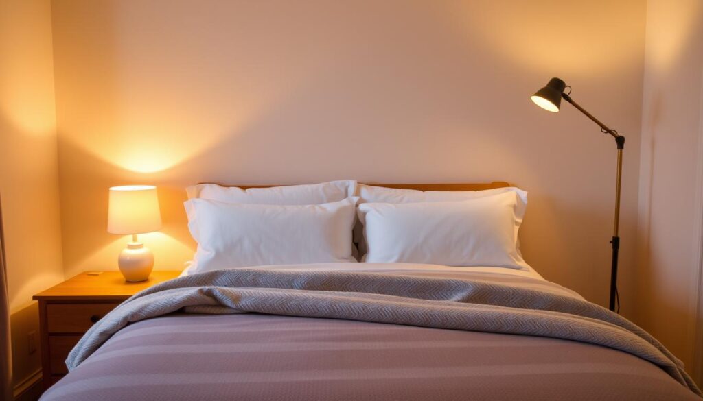 a cozy and inviting guest bedroom, with warm lighting casting a soft glow throughout the space. the room features a plush, neatly made bed with luxurious bedding and pillows, complemented by a nightstand with a table lamp emitting a gentle, ambient light. the walls are painted in a soothing, neutral color palette, and a decorative floor lamp in the corner adds an additional layer of illumination. the overall atmosphere is tranquil and relaxing, creating a welcoming environment for guests. a cozy and inviting guest bedroom, with warm lighting casting a soft glow throughout the space. the room features a plush, neatly made bed with luxurious bedding and pillows, complemented by a nightstand with a table lamp emitting a gentle, ambient light. the walls are painted in a soothing, neutral color palette, and a decorative floor lamp in the corner adds an additional layer of illumination. the overall atmosphere is tranquil and relaxing, creating a welcoming environment for guests.