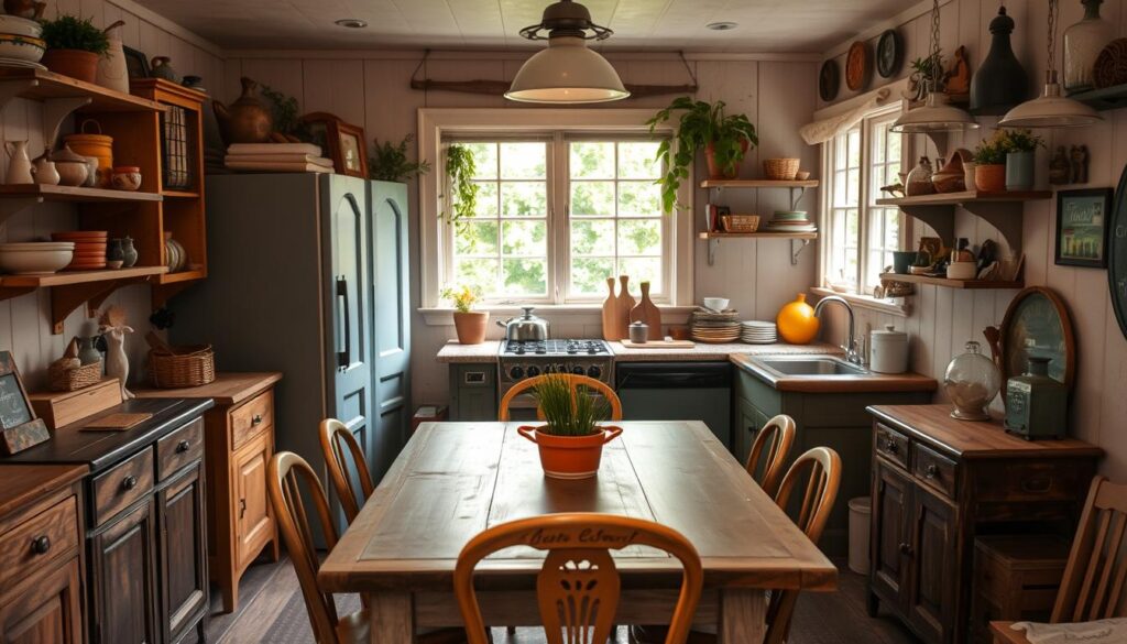 a cozy and inviting small kitchen with repurposed vintage furniture, warm lighting, and natural elements. In the foreground, an old farmhouse table with mismatched chairs serves as the central gathering point, surrounded by an eclectic mix of repurposed cabinets, shelves, and storage solutions. The middle ground features a compact cooking area with a modest stove and sink, with a mix of modern and rustic accents. The background showcases a charming window overlooking a lush, verdant garden, casting a soft, natural glow throughout the space. The overall atmosphere is one of creativity, coziness, and a touch of whimsy, reflecting the repurposed nature of the design.