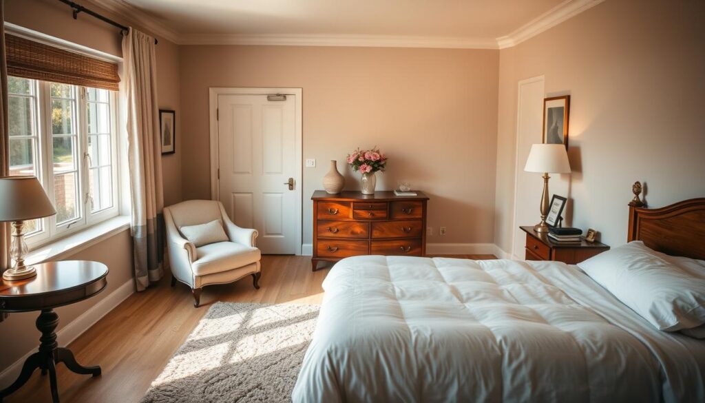 a cozy and private guest bedroom with a strategic layout, featuring a plush queen-sized bed with soft white linens, an elegant armchair and side table in the foreground, and a wooden dresser with a vase of fresh flowers in the middle ground. the room is bathed in warm, natural lighting from a large window, casting a gentle glow and creating a serene, inviting atmosphere. the walls are painted in a calming neutral tone, and subtle decor elements like framed artwork and a plush area rug add visual interest without feeling cluttered. the overall mood is one of tranquility and privacy, perfect for a restful guest experience. a cozy and private guest bedroom with a strategic layout, featuring a plush queen-sized bed with soft white linens, an elegant armchair and side table in the foreground, and a wooden dresser with a vase of fresh flowers in the middle ground. the room is bathed in warm, natural lighting from a large window, casting a gentle glow and creating a serene, inviting atmosphere. the walls are painted in a calming neutral tone, and subtle decor elements like framed artwork and a plush area rug add visual interest without feeling cluttered. the overall mood is one of tranquility and privacy, perfect for a restful guest experience.