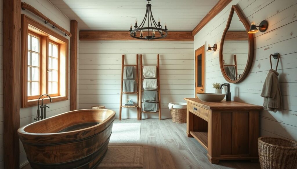 a cozy and rustic bathroom interior, featuring warm wooden elements and natural textures. The foreground showcases a freestanding wooden bathtub with a weathered, distressed finish, complemented by a chunky wooden vanity with a vessel sink. The middle ground includes a rough-hewn wooden ladder displaying plush towels, while the background features exposed wooden beams and whitewashed shiplap walls. Soft, diffused lighting from a wrought-iron chandelier creates a relaxing, tranquil atmosphere. The overall design evokes a inviting farmhouse aesthetic, with a focus on natural, earthy materials.