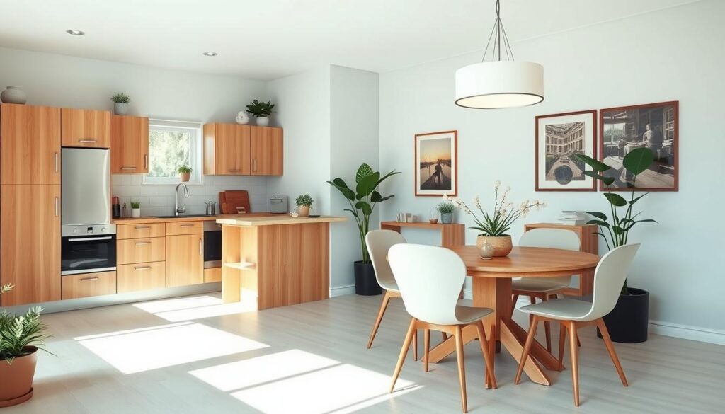 a cozy and well-designed small kitchen and dining room with a harmonious color scheme, natural lighting, and clean lines. the kitchen features wooden cabinets, sleek appliances, and a minimalist backsplash. the dining area has a circular wooden table with elegant chairs, complemented by a modern pendant light. the walls are painted in a soft, calming color that enhances the overall tranquil atmosphere. the space is filled with potted plants and artwork, creating a warm and inviting ambiance. the layout is efficient and thoughtfully planned, maximizing the available space. the image captures the essence of a small but stylish kitchen and dining room that showcases the perfect color palette for the chosen section title. a cozy and well-designed small kitchen and dining room with a harmonious color scheme, natural lighting, and clean lines. the kitchen features wooden cabinets, sleek appliances, and a minimalist backsplash. the dining area has a circular wooden table with elegant chairs, complemented by a modern pendant light. the walls are painted in a soft, calming color that enhances the overall tranquil atmosphere. the space is filled with potted plants and artwork, creating a warm and inviting ambiance. the layout is efficient and thoughtfully planned, maximizing the available space. the image captures the essence of a small but stylish kitchen and dining room that showcases the perfect color palette for the chosen section title.
