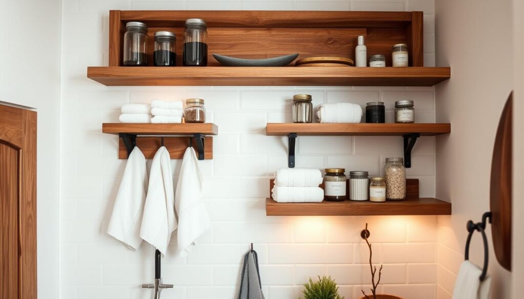 a cozy farmhouse-style bathroom with rustic wooden shelves and hooks mounted on the wall, displaying neatly arranged towels, jars, and small decorative items. The shelves are illuminated by soft, warm lighting, creating a inviting and relaxing atmosphere. The background features a white subway tile wall, complementing the natural wood tones. The overall composition showcases practical yet stylish storage solutions that seamlessly blend function and farmhouse charm.