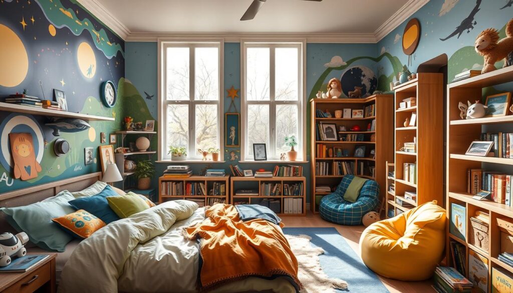 a cozy, imaginative bedroom for a young boy, filled with playful elements that spark creativity and adventure. a large, comfortable bed with plush bedding and pillows in vibrant blues, greens, and yellows. on the walls, bold, whimsical murals depicting scenes from fairy tales, sci-fi adventures, or animals in their natural habitats. shelves and bookcases line the walls, overflowing with an eclectic mix of books, toys, and personal mementos. in the corner, a cozy reading nook with a beanbag chair and a small side table. natural light streams in through large windows, casting a warm, inviting glow throughout the space. the room exudes a sense of wonder and excitement, encouraging the boy to dream, explore, and let his imagination run wild.