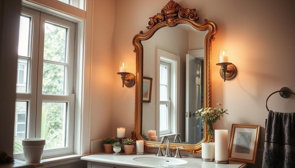 a cozy small bathroom interior, well-lit with natural light from a large window, featuring a beautiful antique-style vanity mirror with an ornate golden frame, accented by sconces on either side providing a warm, inviting ambiance. The mirror is surrounded by decorative elements like potted succulents, artfully arranged candles, and a few delicate framed prints, creating a charming and visually-appealing focal point that enhances the overall space. The bathroom countertop is clutter-free, allowing the mirror decor to take center stage. The whole scene conveys a sense of tranquility and tasteful style.