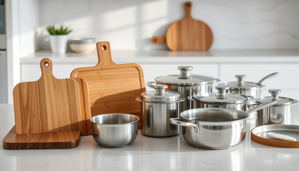 a detailed, well-lit still life scene of an assortment of kitchen design materials, including sleek marble countertops, smooth wooden cutting boards, and polished metal cookware, artfully arranged on a clean, white table with a minimalist backdrop, capturing the elegant, modern aesthetic of a high-end kitchen breakfast bar design