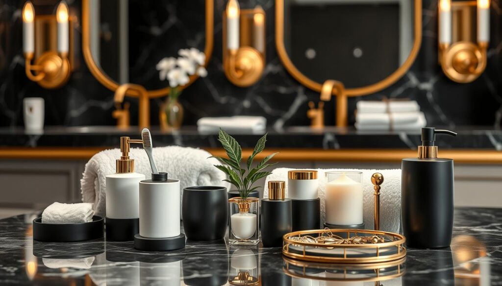 a high-quality detailed image of an elegant and luxurious bathroom accessories arrangement. the foreground features a selection of premium bathroom items such as a soap dispenser, toothbrush holder, candle holders, and a jewelry tray, all in a sleek black, white, and gold color palette. the middle ground has a plush white towel and a decorative plant. the background has a glossy black marble countertop, a minimalist mirror, and warm golden sconces providing a soft, atmospheric lighting. the overall scene conveys a sense of sophistication, attention to detail, and a cohesive, high-end aesthetic.