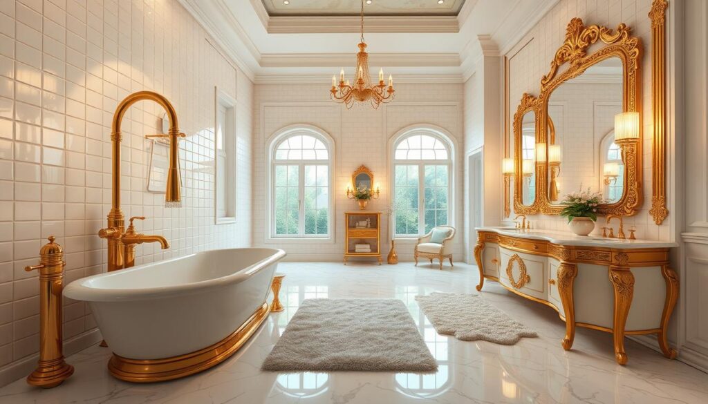 a luxurious bathroom with gleaming gold fixtures, a deep soaking tub, and a large vanity with a backlit mirror. the fixtures are intricate and polished, with elegant curves and details. the lighting is warm and soft, creating a serene and opulent atmosphere. the room is spacious with high ceilings and large windows that let in natural light. the floor is made of polished marble, and the walls are covered in pristine white tiles. a plush rug adds a touch of comfort and elegance to the space.