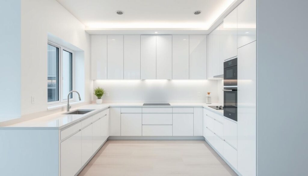 a minimalist modern kitchen with sleek white cabinets, clean lines, and a neutral color palette. the countertops are made of a light-colored quartz material, with a simple backsplash that complements the overall aesthetic. the kitchen is well-lit with recessed lighting and large windows that let in natural light. the sink and faucet are modern and minimalist in design, and the appliances are integrated seamlessly into the cabinetry. the kitchen has a open floor plan, with a clean and uncluttered layout that emphasizes the minimalist design elements. the overall mood is calm, serene, and inviting, with a focus on functionality and streamlined aesthetics.