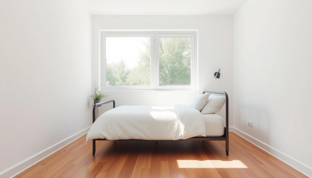 a minimalist small bedroom with a simple bed frame, clean white bedding, and a few carefully selected decor pieces like a potted plant and a small wall-mounted lamp. the room is flooded with natural light from a large window, creating a calming and serene atmosphere. the walls are painted in a soft, neutral color palette, and the hardwood floor is uncluttered. the overall design focuses on functionality and elegance, with a emphasis on clean lines and a soothing, sophisticated ambiance. a minimalist small bedroom with a simple bed frame, clean white bedding, and a few carefully selected decor pieces like a potted plant and a small wall-mounted lamp. the room is flooded with natural light from a large window, creating a calming and serene atmosphere. the walls are painted in a soft, neutral color palette, and the hardwood floor is uncluttered. the overall design focuses on functionality and elegance, with a emphasis on clean lines and a soothing, sophisticated ambiance.