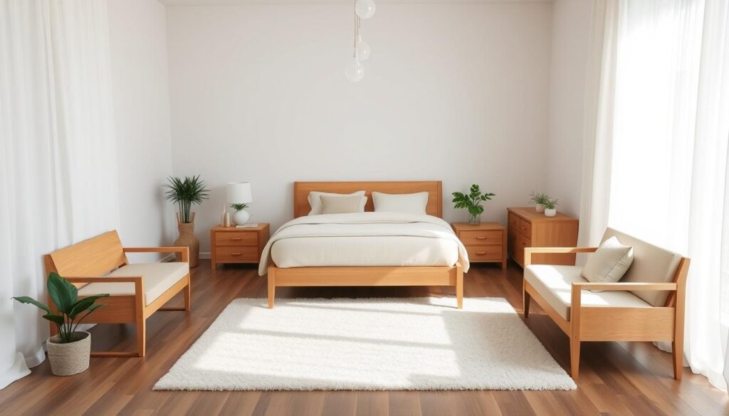 a minimalist, stylish guest bedroom with a queen-sized bed, two nightstands, and a small sitting area. the room is bathed in soft, natural light filtering through sheer curtains. the furniture is made of light-colored wood, with clean lines and simple silhouettes. a plush area rug grounds the space, and a few potted plants add a touch of greenery. the overall atmosphere is calm, inviting, and conducive to relaxation. shot from a slightly elevated angle to capture the full layout of the room. a minimalist, stylish guest bedroom with a queen-sized bed, two nightstands, and a small sitting area. the room is bathed in soft, natural light filtering through sheer curtains. the furniture is made of light-colored wood, with clean lines and simple silhouettes. a plush area rug grounds the space, and a few potted plants add a touch of greenery. the overall atmosphere is calm, inviting, and conducive to relaxation. shot from a slightly elevated angle to capture the full layout of the room.