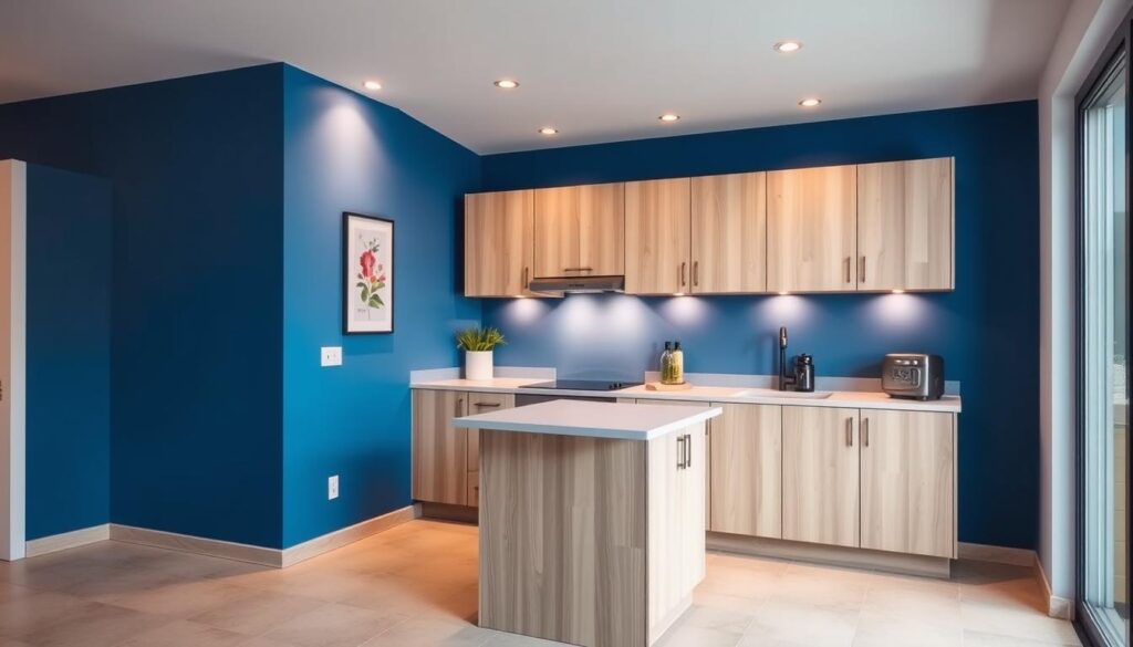 a modern and vibrant kitchen with an accent wall in a bold, saturated color, creating a stunning focal point and adding a splash of life to the space. The wall is painted in a rich, deep shade of blue that complements the light wood cabinets and neutral tile flooring. The lighting is soft and warm, casting a gentle glow on the kitchen. The countertops are made of a sleek, quartz material, and the hardware on the cabinets is a matte black finish, providing a touch of contrast. The overall atmosphere is inviting, cozy, and stylishly contemporary, perfectly capturing the essence of a small kitchen with a budget-friendly, yet impactful, design.