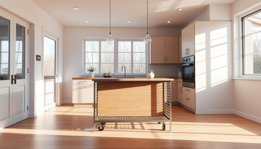 a modern, minimalist small kitchen layout with a kitchen island on wheels in the center, natural light streaming in through large windows, the island has a sleek, wooden countertop and a minimalist metal frame, the kitchen cabinets are a neutral color with modern, minimalist hardware, the floor is a light-colored hardwood, the walls are a neutral, calming color, the lighting is a mix of recessed lighting and pendant lights above the island, the atmosphere is bright, airy, and inviting, the angle is a three-quarter view from the side, capturing the kitchen island and the surrounding cabinetry and appliances.