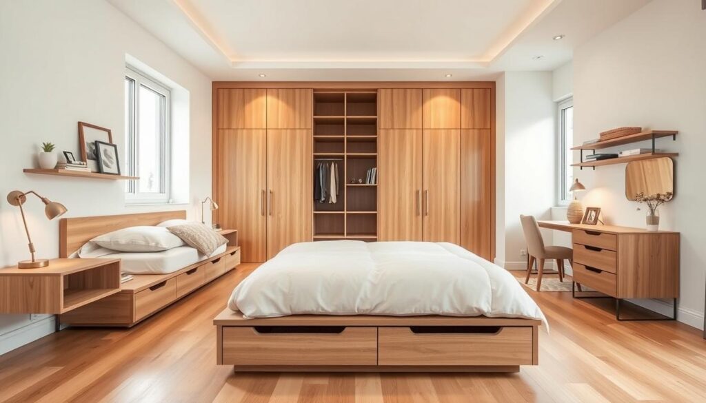 a neatly organized and functional guest bedroom with smart storage solutions. the room has a minimalist, scandinavian-inspired design with light hardwood floors, white walls, and natural-toned bedding. in the foreground, a platform bed with built-in drawers and shelving provides ample storage. a floating nightstand on each side holds reading lamps and decorative elements. in the middle ground, a large wardrobe with sliding doors takes up one wall, offering hidden storage space. on the opposite side, a small desk with a slim drawer unit serves as a workspace. the room is filled with warm, diffused lighting from a large window, creating a cozy and inviting atmosphere. a neatly organized and functional guest bedroom with smart storage solutions. the room has a minimalist, scandinavian-inspired design with light hardwood floors, white walls, and natural-toned bedding. in the foreground, a platform bed with built-in drawers and shelving provides ample storage. a floating nightstand on each side holds reading lamps and decorative elements. in the middle ground, a large wardrobe with sliding doors takes up one wall, offering hidden storage space. on the opposite side, a small desk with a slim drawer unit serves as a workspace. the room is filled with warm, diffused lighting from a large window, creating a cozy and inviting atmosphere.