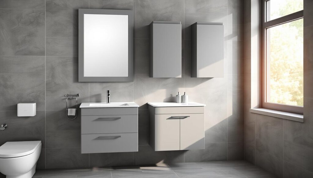 a photo of a modern grey bathroom interior with sleek grey vanity unit, floating wall-mounted cabinets, and a grey framed mirror against a grey tiled wall. The room is well-lit with soft, diffused natural light coming in through a large window, casting a warm glow. The vanity has a clean, minimalist design with simple chrome fixtures. The overall aesthetic is sophisticated, calming, and space-efficient, optimizing the small bathroom space.