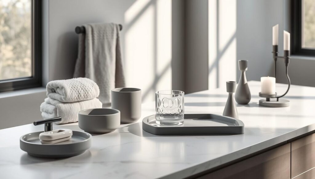 a series of stylish grey bathroom accessories arranged artfully on a white marble countertop, with gentle shadows and soft natural lighting from a large window, creating a calming and elegant atmosphere; the accessories include a ceramic soap dish, a glass tumbler, a tray for trinkets, a minimalist wall-mounted towel rack, and a sculptural candle holder, all in a muted palette that complements the grey decor