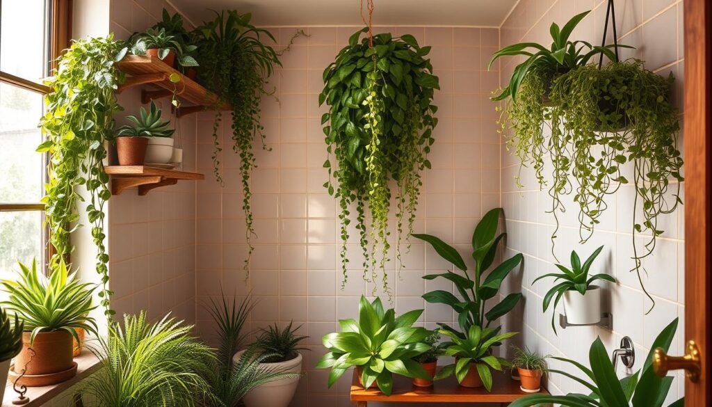 a small bathroom interior with an abundance of lush, thriving plants throughout, creating a refreshing and rejuvenating atmosphere. The foreground features a variety of potted succulents, ferns, and trailing vines cascading gracefully from shelves and window sills, illuminated by warm, natural lighting filtering in through a large window. In the middle ground, a collection of verdant potted plants adorns a vanity or side table, complementing the neutral tile and wood tones of the bathroom. The background showcases a calming, minimalist design, allowing the plants to take center stage and infuse the space with a soothing, spa-like ambiance. The overall composition evokes a sense of tranquility and a connection to nature, perfectly capturing the "Refresh Your Bathroom with Plants" theme.