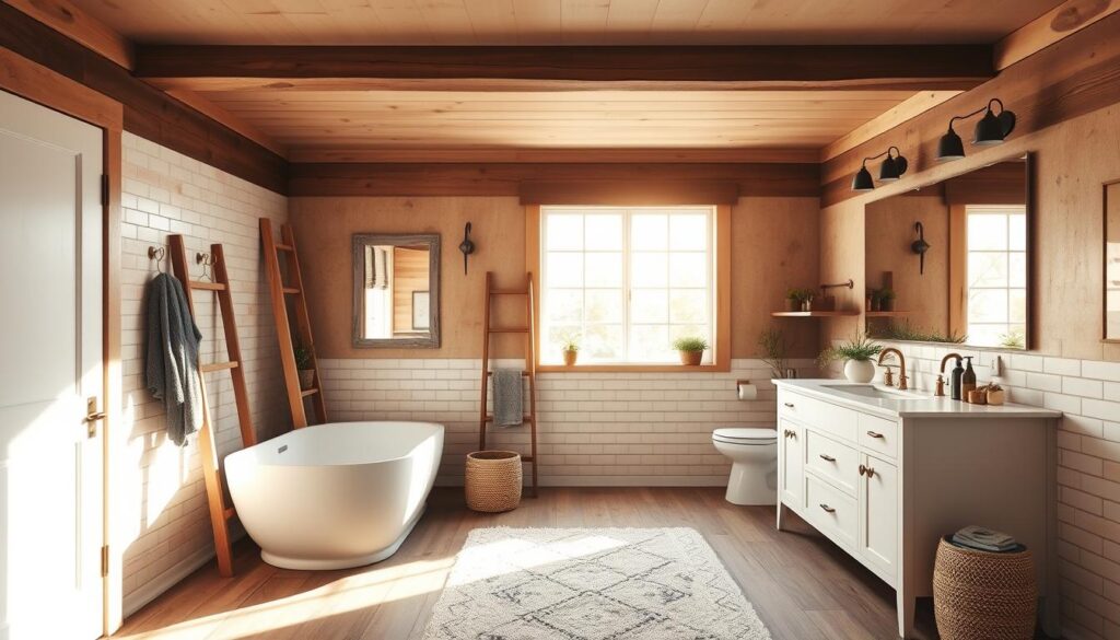 a warm, inviting modern farmhouse bathroom interior with rustic wooden elements, subway tile walls, and a large vanity mirror. the space is flooded with natural light from a large window, casting a soft, golden glow. the vanity features clean lines, a farmhouse-style sink, and brass fixtures. decorative elements like potted plants, a wooden ladder, and a plush area rug add cozy, personalized touches. the overall atmosphere is relaxed, elegant, and reflective of the homeowner's unique style.