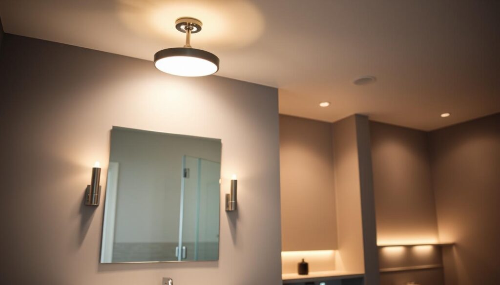 a well-lit modern grey bathroom with soft diffused lighting, minimalist fixtures, and clean lines. The foreground features a recessed overhead light fixture emitting a warm glow, complemented by sconces on either side of a frameless mirror. The middle ground showcases a floating vanity with a stone countertop and modern faucets. The background includes subtle accent lighting, perhaps concealed behind a ledge or shelfing, creating a serene and inviting atmosphere. The overall scene conveys a sense of tranquility, functionality, and sophisticated design.