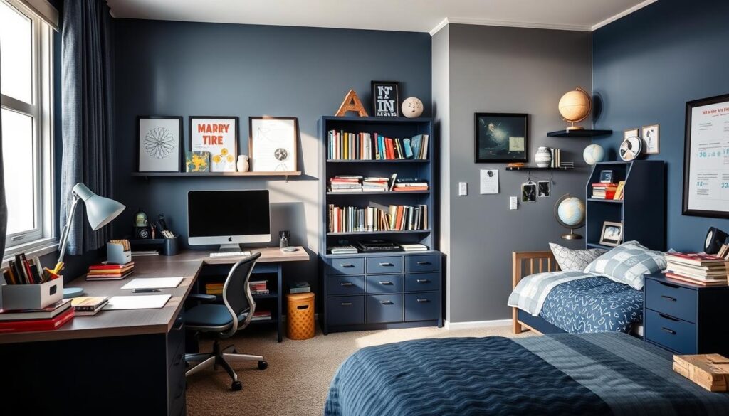 a well-organized boys' bedroom with educational elements, featuring a navy blue and gray color scheme. In the foreground, a neatly arranged desk with a lamp, desktop computer, and educational books and supplies. In the middle ground, a bookshelf showcasing a collection of science, history, and math-themed books, along with educational wall art and a globe. The background depicts a large window letting in soft, natural lighting, casting a warm and inviting atmosphere. The room is tidy and arranged in a way that encourages learning and exploration, reflecting the "Incorporating Educational Elements" theme.