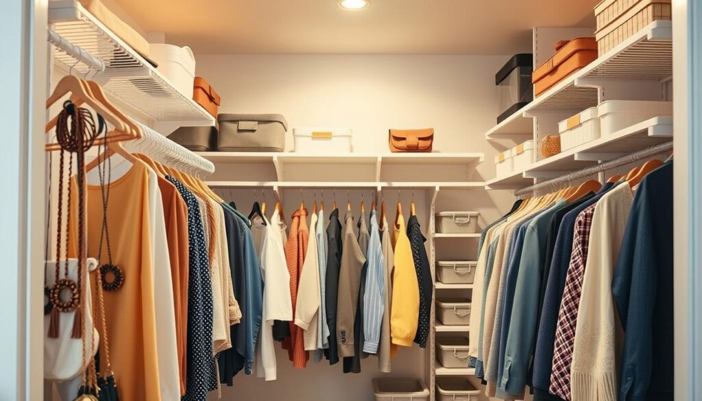 a well-organized, brightly lit closet interior with various hooks, racks, and shelves optimized for efficient storage and organization, the foreground showcasing an array of neatly hung clothing, accessories, and storage containers, the middle ground revealing a mix of open and closed compartments for different items, the background featuring a clean, minimalist design with subtle textures and warm lighting creating a sense of tranquility and order, the overall composition highlighting a smart, functional, and visually appealing closet solution for a small bedroom